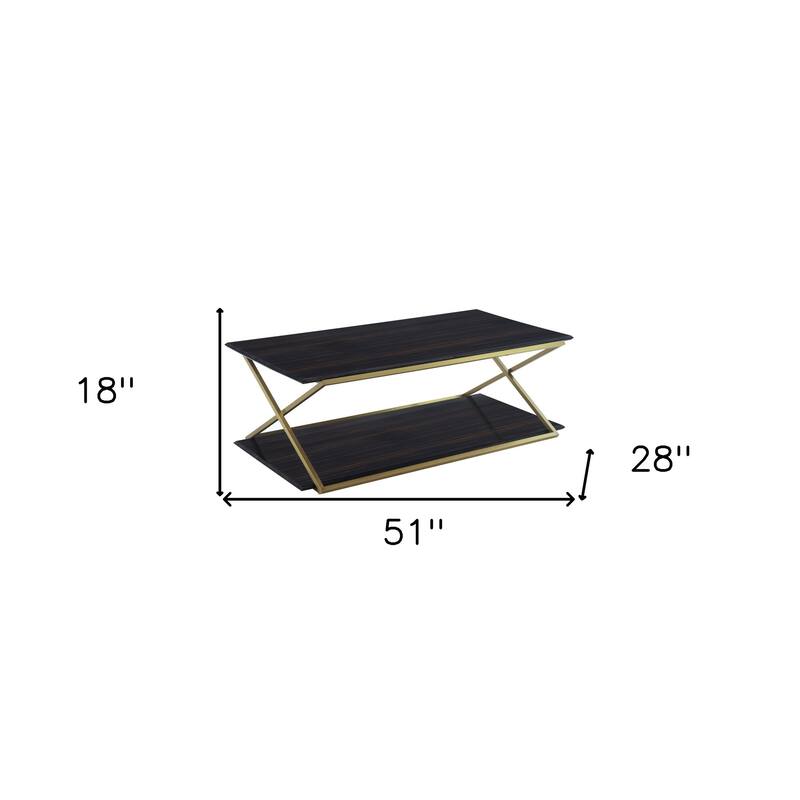 HomeRoots 51" Dark Brown And Gold Metal Coffee Table With Shelf - 51
