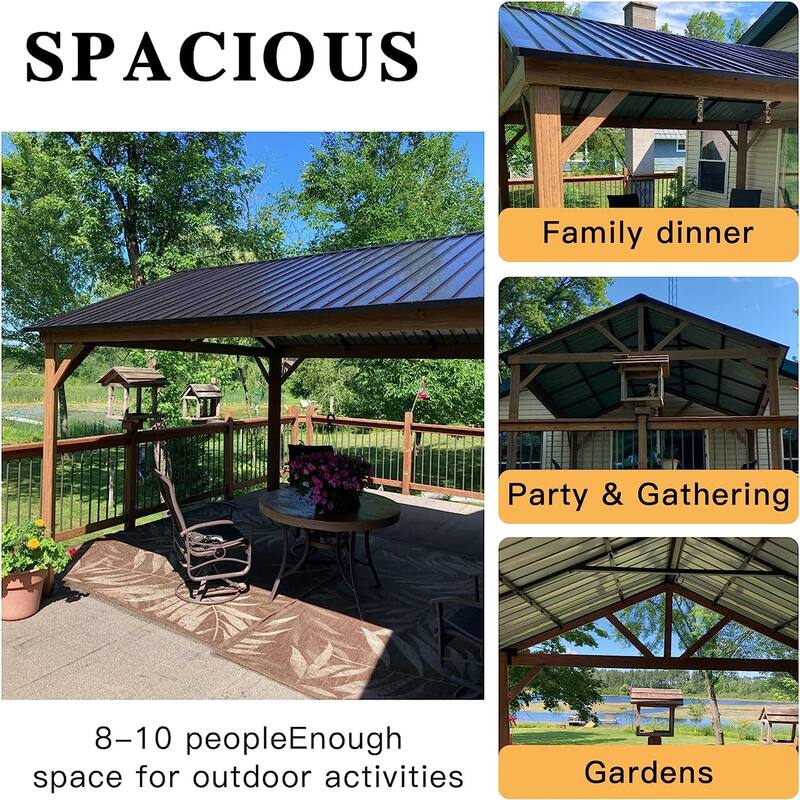 GDFStudio - Virginia Outdoor Hardtop Gazebo with Wood-Look Aluminum Frame and Galvanized Steel Gable Roof