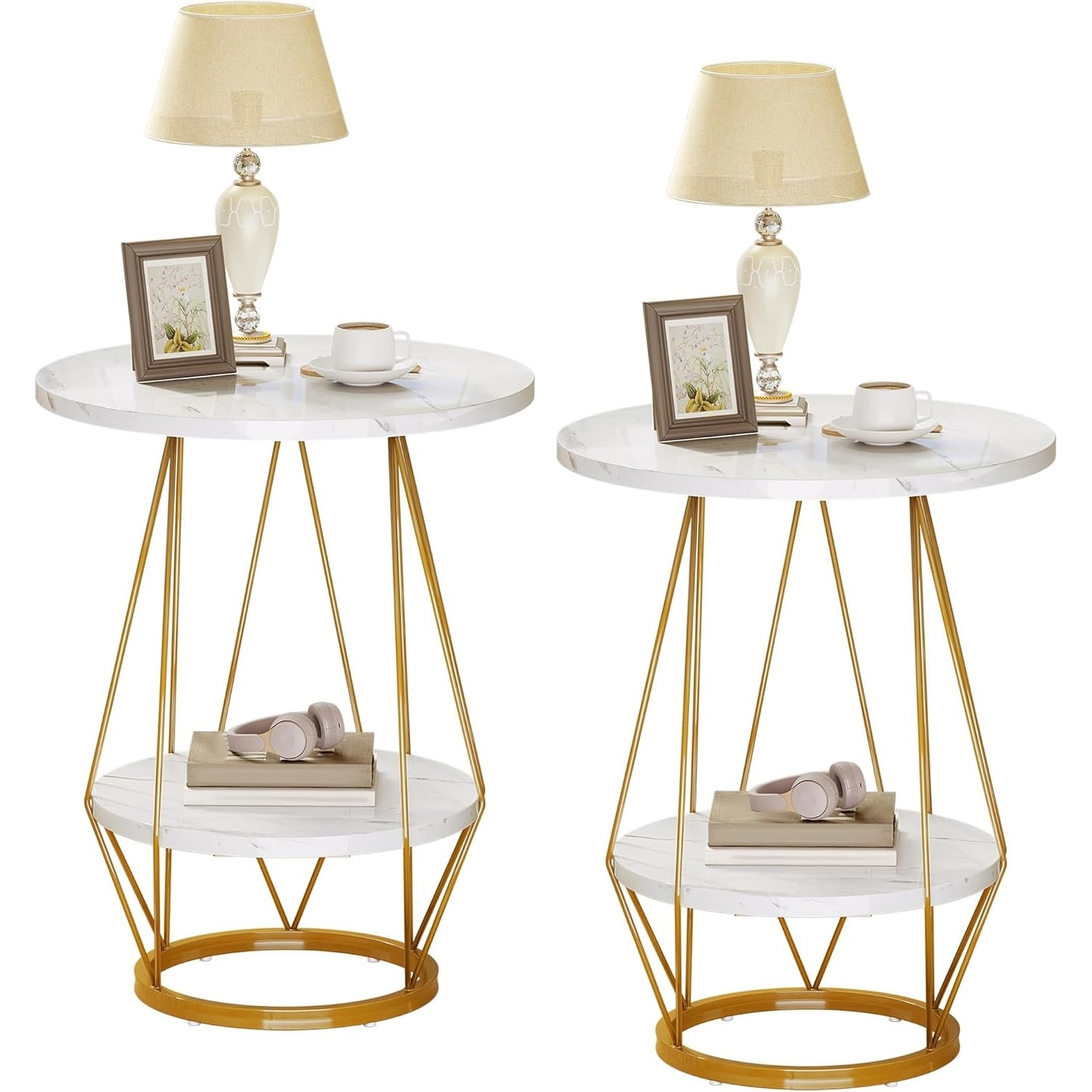 Modern 2-Tier Round End Table with Faux Marble Top, White and Gold, for Living Room or Bedroom