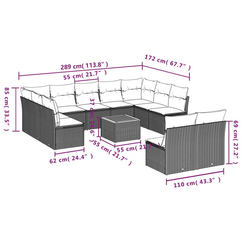 vidaXL Patio Sofa Set with Cushions Outdoor Furniture 12 Piece Poly Rattan - 24.4 x 24.4 x 27.2