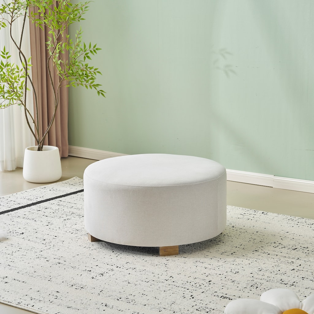 White Fabric Round Ottoman with Wooden Legs - Minimalist Home Decor