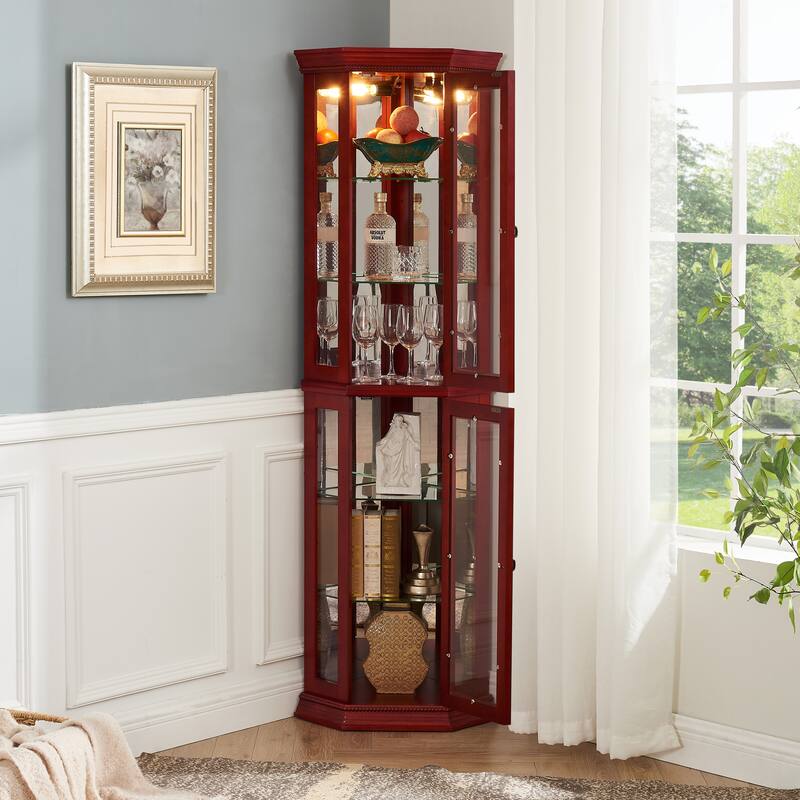 Elegant Lighted Corner Curio Cabinet with Adjustable Glass Shelves & Tempered Glass Doors for Display - Cherry