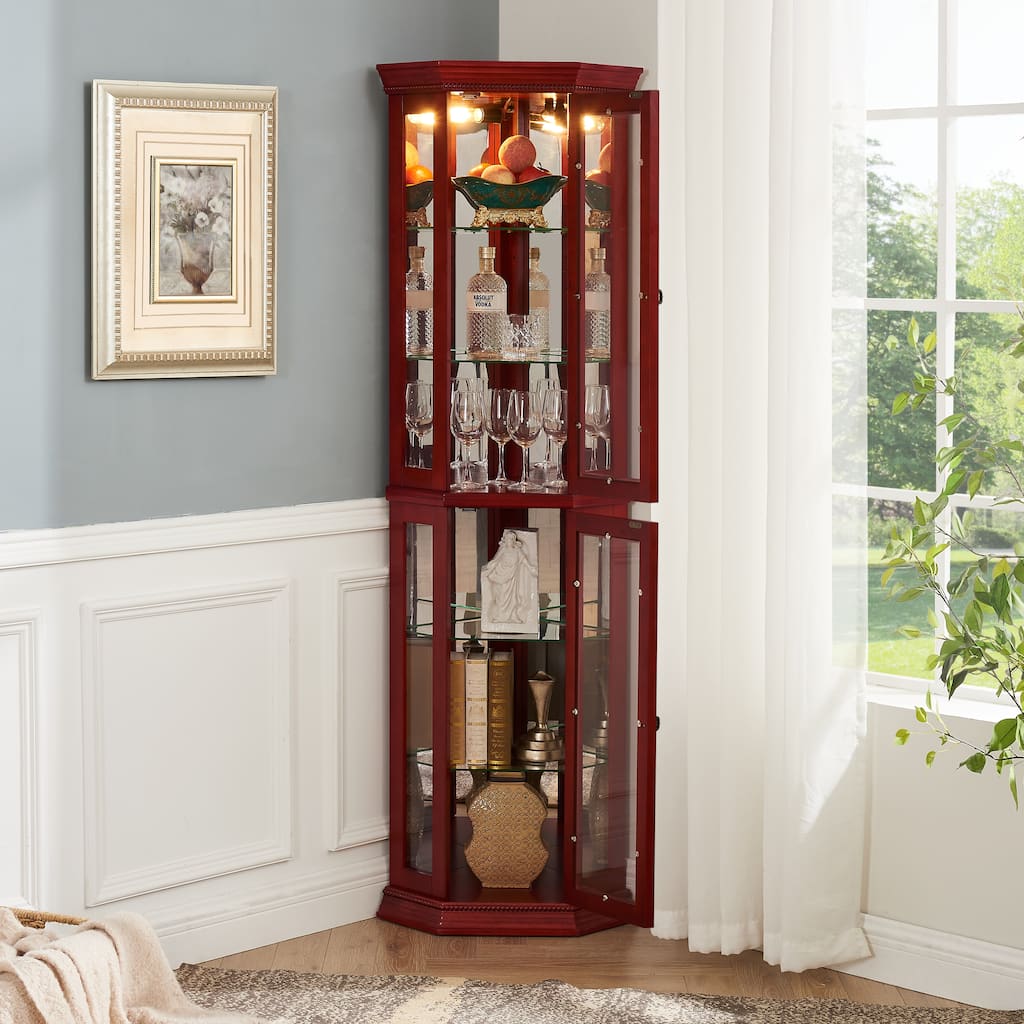 Lighted Corner Curio Cabinet, Curved Wooden Display Cabinet, Bar Cabinet with Adjustable Shelves & Tempered Glass Doors