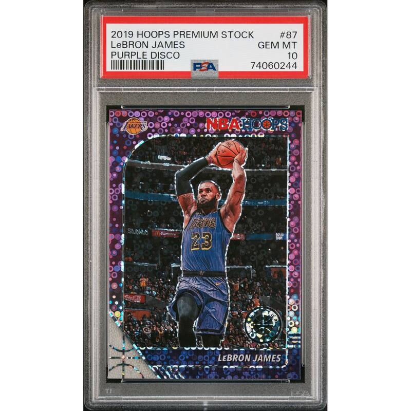 LeBron James 2019 Panini Hoops Premium Stock Purple Disco Card #87 Graded PSA 10 - 8'6" x 11'6"
