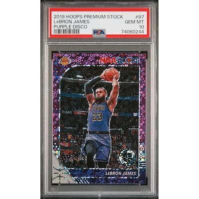 LeBron James 2019 Panini Hoops Premium Stock Purple Disco Card #87 Graded PSA 10 - 8'6" x 11'6"