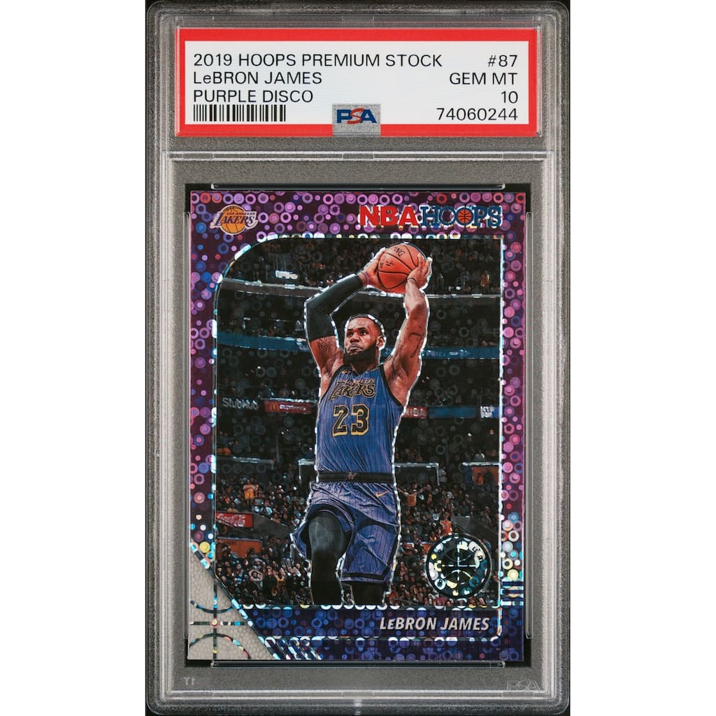 LeBron James 2019 Panini Hoops Premium Stock Purple Disco Card #87 Graded PSA 10 - 8'6" x 11'6"