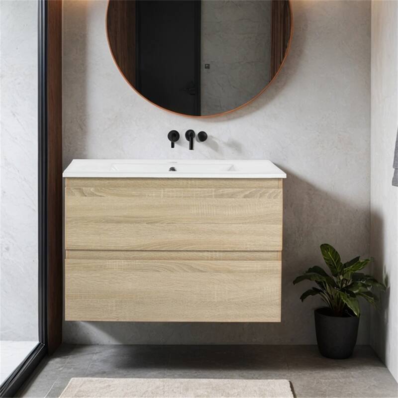 30" Wall-Mounted Bathroom Vanity w/Ceramic Sink,2-Soft Close Drawers