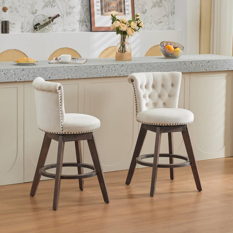 Velvet Upholstered Counter Height Bar Stools Set of 2, Tufted Button Swivel Bar Stools, Kitchen Counter Stools with Wood Legs