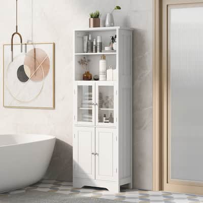 22 in. W x 11 in. D x 64 in. H Tall Freestanding Linen Cabinet with Adjustable Shelves and Glass Door in White