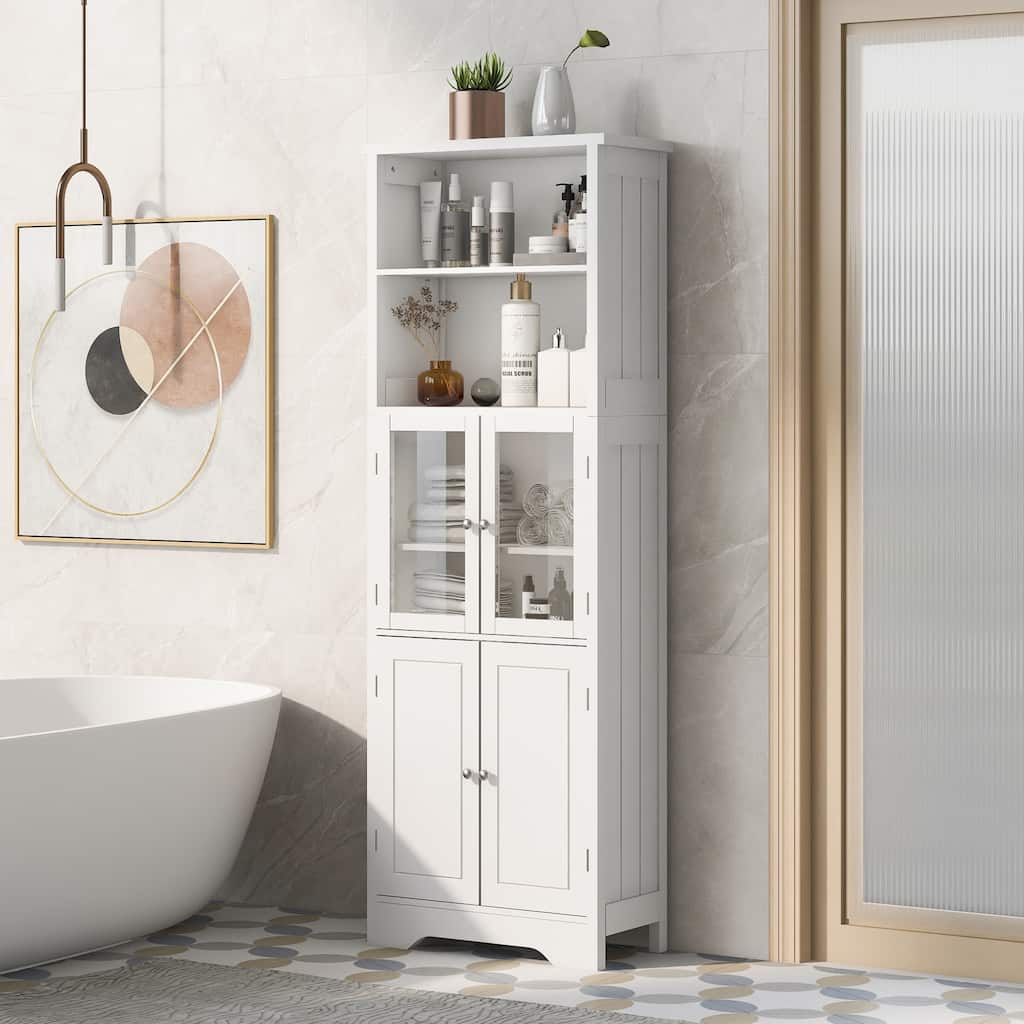 4-Door Bathroom Storage Cabinet 64" High Bathroom Floor-to-ceiling Cabinet Towel Cabinet with Open Storage Rack Glass Door