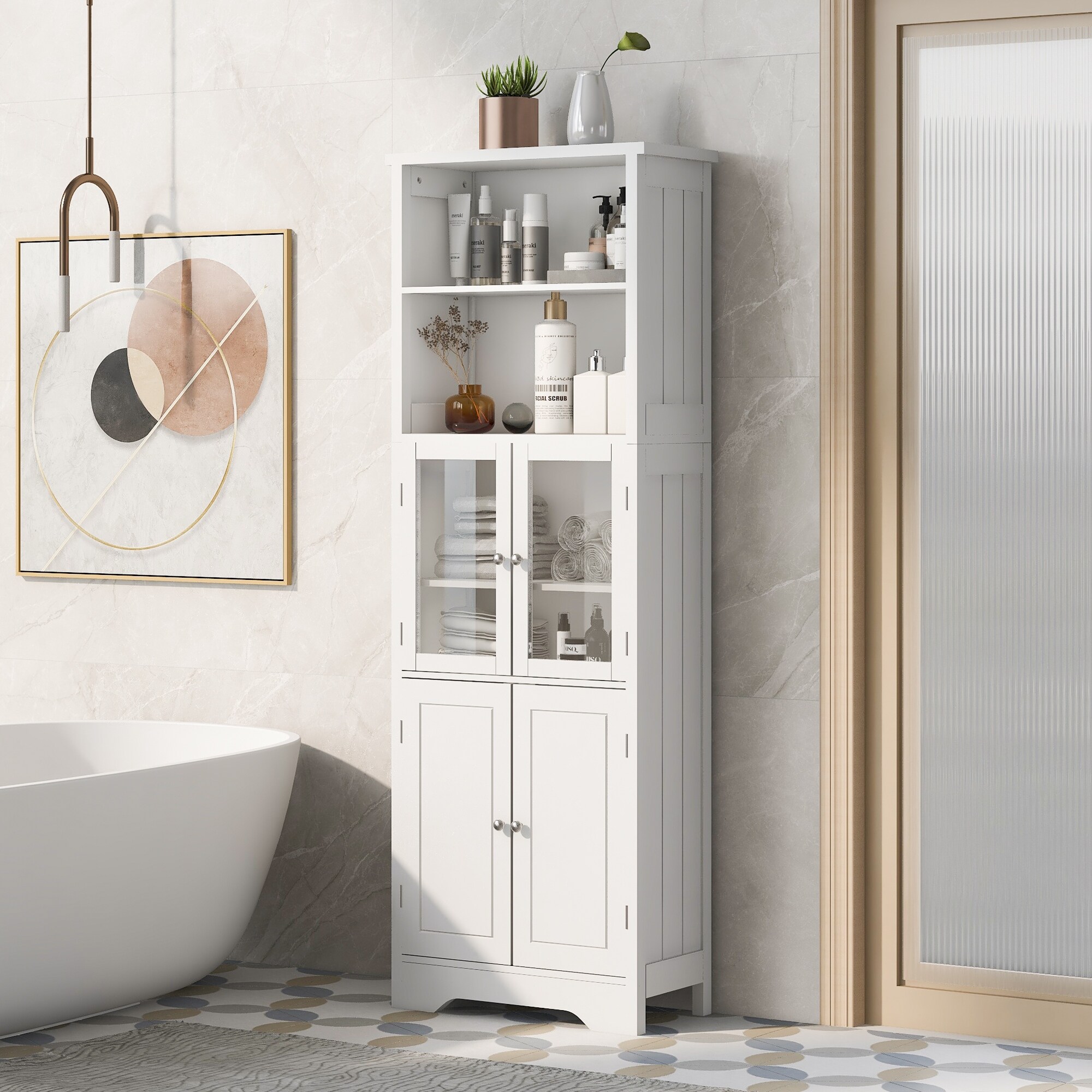 Tall Bathroom Storage Cabinet with Doors and Shelves Slim Freestanding Bathroom Floor Cabinet with Glass Doors