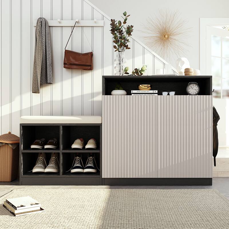 Storage Cabinet w/ Shoe Bench, 3-Tier Adjustable Shelves, 4 Open Shoe Racks & Removeble Cushion - Beige and Black