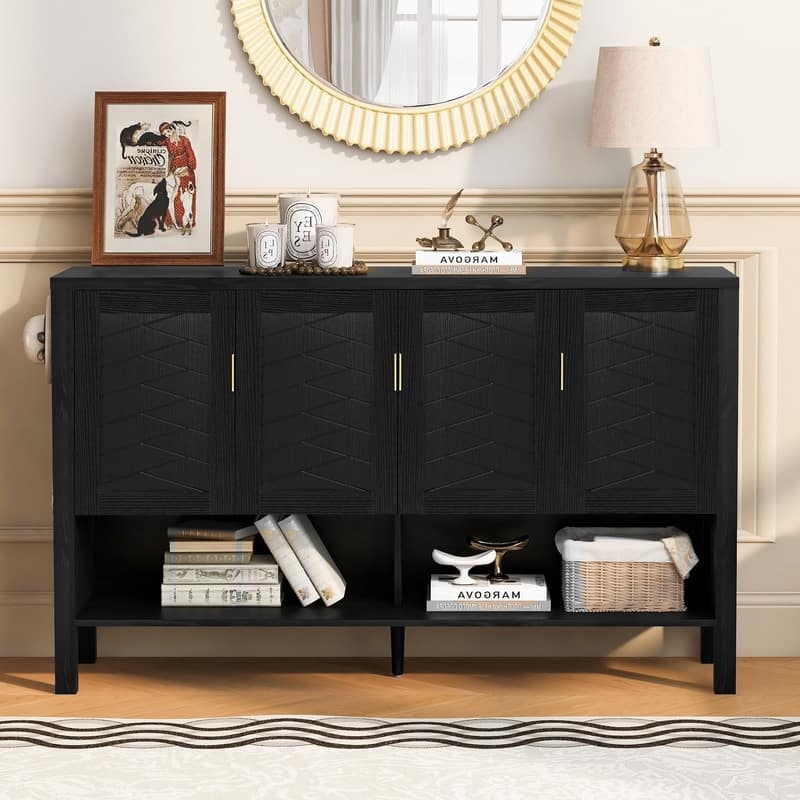 Modern 55.1" Storage Sideboard with 4-Doors, Multi Functional Buffet Table with Open Shelf and Adjustable Shelves - Black