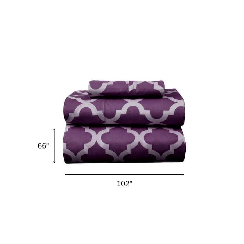 Three Piece Purple and White Quatrefoil Microfiber Twin XL Sheet Set