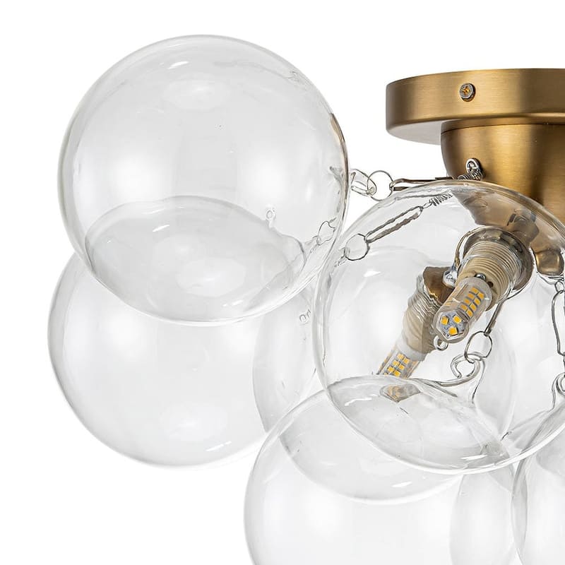 3-Light Clear Glass Globe Bubble Semi Flush Chandelier - Brass 18in