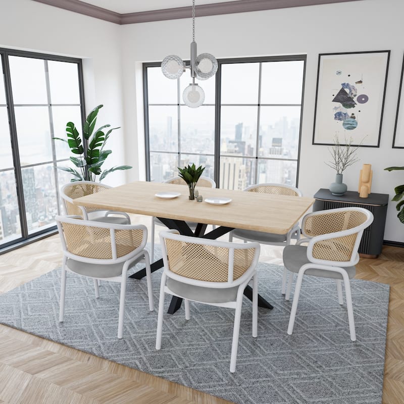 Dining Chairs Set of 2 with Velvet Seat, Rattan Back, White Powder-Coated Steel Legs - 20