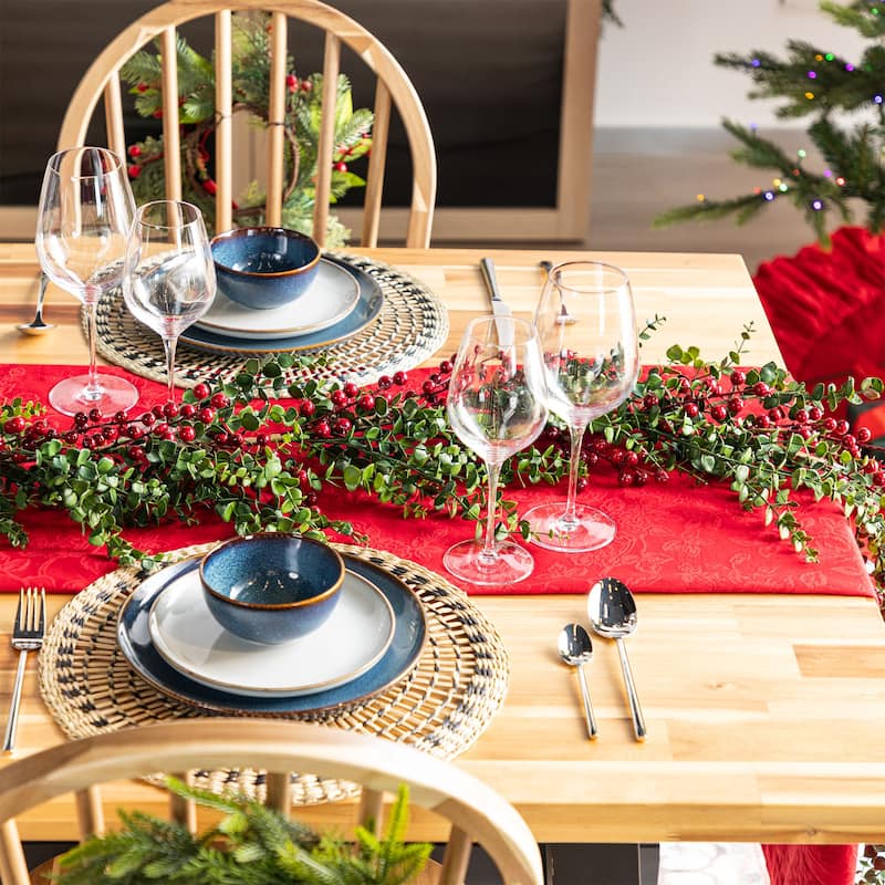 Glitzhome 9ft/6ft Christmas Greenery PE Dripping Eucalyptus Garland & 28"D Wreath with Red Berries