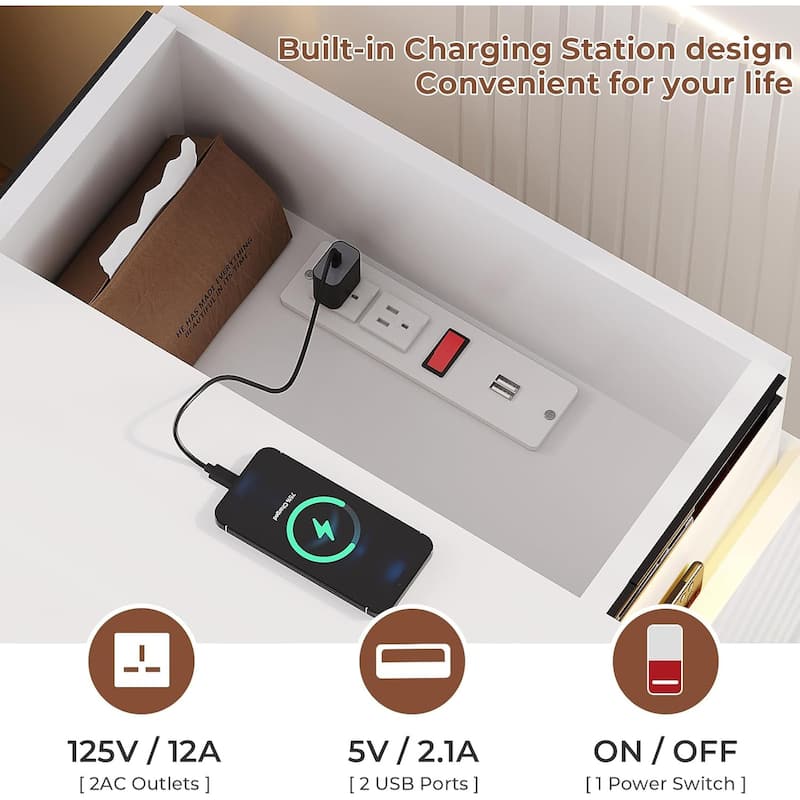 Bedroom Nightstand Charging Station LED Lights Sliding Top 3 Drawers