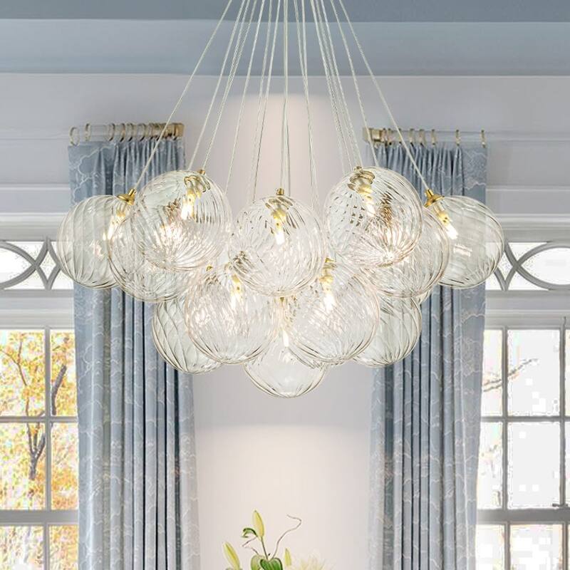 13/ 19-Light Modern Glam Gold Sputnik Cluster Swirled Glass Globe Bubble Chandelier for Dining Room - 19-Light - Clear Twisted Glass