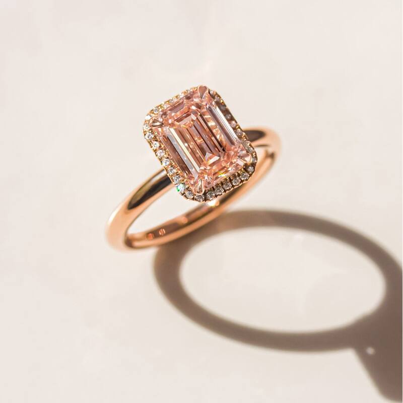 Kobelli 3.23 Carat Lab Fancy Intense Pink Diamond IGI Certified 18k Solid Rose Gold Emerald-cut Halo Comfort Fit Plain Band Ring