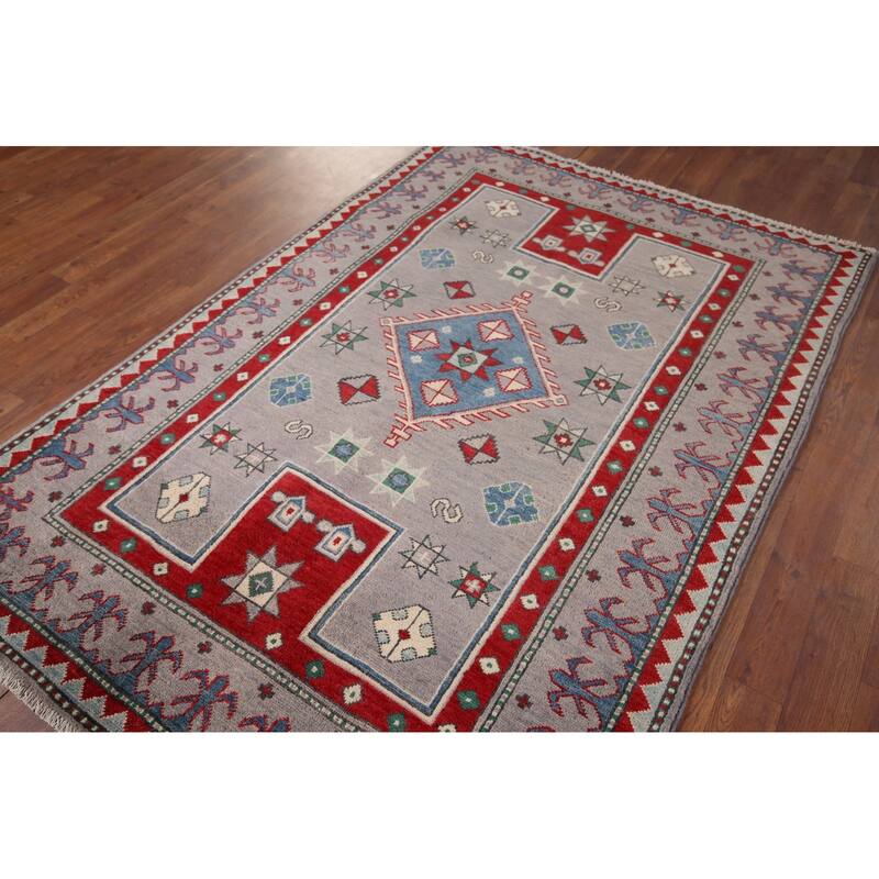 Hand Knotted Oriental 100% Wool Carpet Traditional Geometric Greys & Charcoal Kazak Area Rug - 6' 0'' X 4' 2''