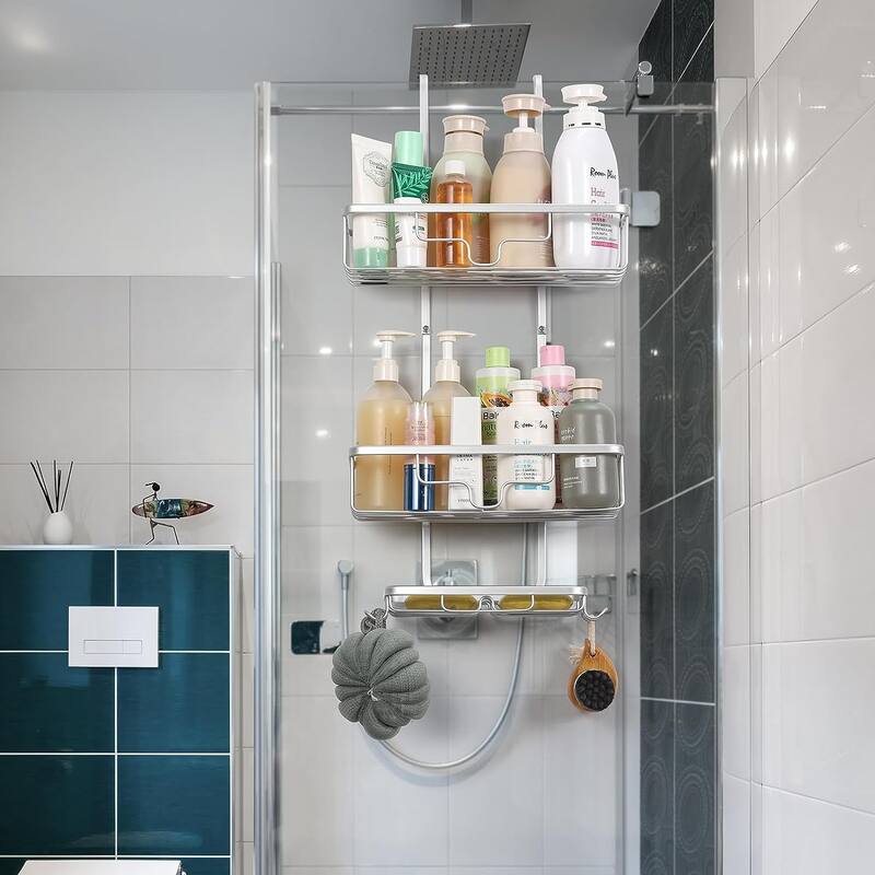 3 Tier Shower Racks with Hooks and Shampoo Soap Razor Holder - Silver - Over the Door
