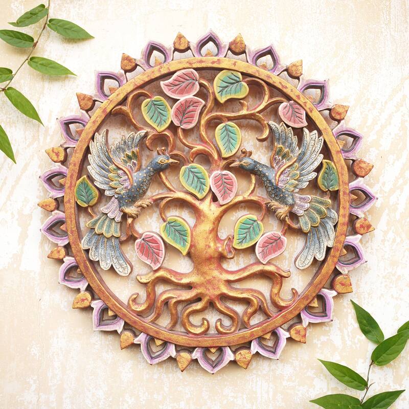 Novica Handmade Perched Peacocks Wood Relief Panel