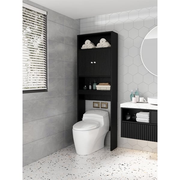 Reettic Tall Over The Toilet Storage With Two Doors, Free Standing Bathroom Space Saver With Inner Adjustable Shelf, Wooden Bathroom Cabinet Organizer