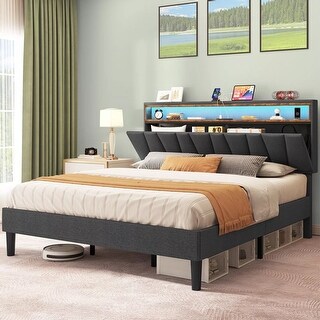 King LED Bed Frame Upholstered Storage Headboard Charging Station - Bed ...
