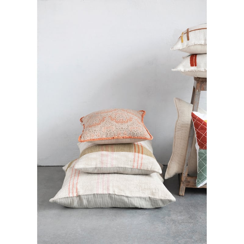 Cotton Upholstered Stool with Floral Embroidery and Pine Wood Legs