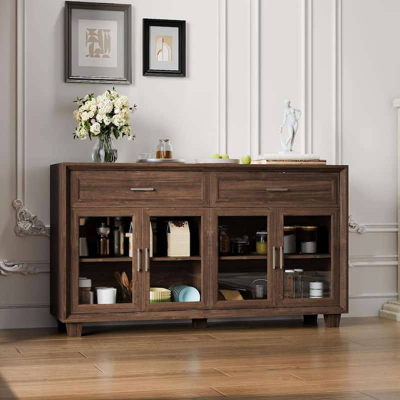Glass Storage Cabinet with Doors,TV Stand for Living Room,Pantry,Brown/White