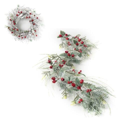 Sullivans 24" Artificial Flocked Pine & Bell Wreath and 5.5' Iced Pine And Berry Garland Set