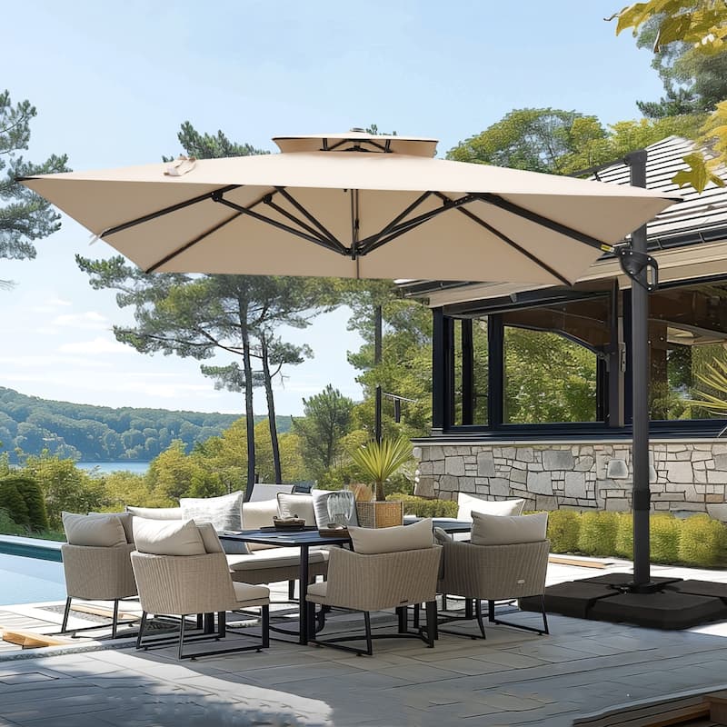 MAISON ARTS 12 FT Automatic Hydraulic Cantilever Umbrella Aluminum Pole 360 Degree Rotation - Beige-With Weights