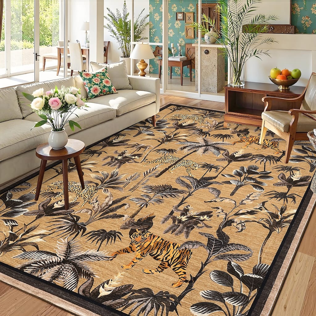Living Room Rug Jungle Tiger Area Rug Plant Rugs Low Pile Non Shedding Soft Accent Carpet for Bedroom, Dining Room