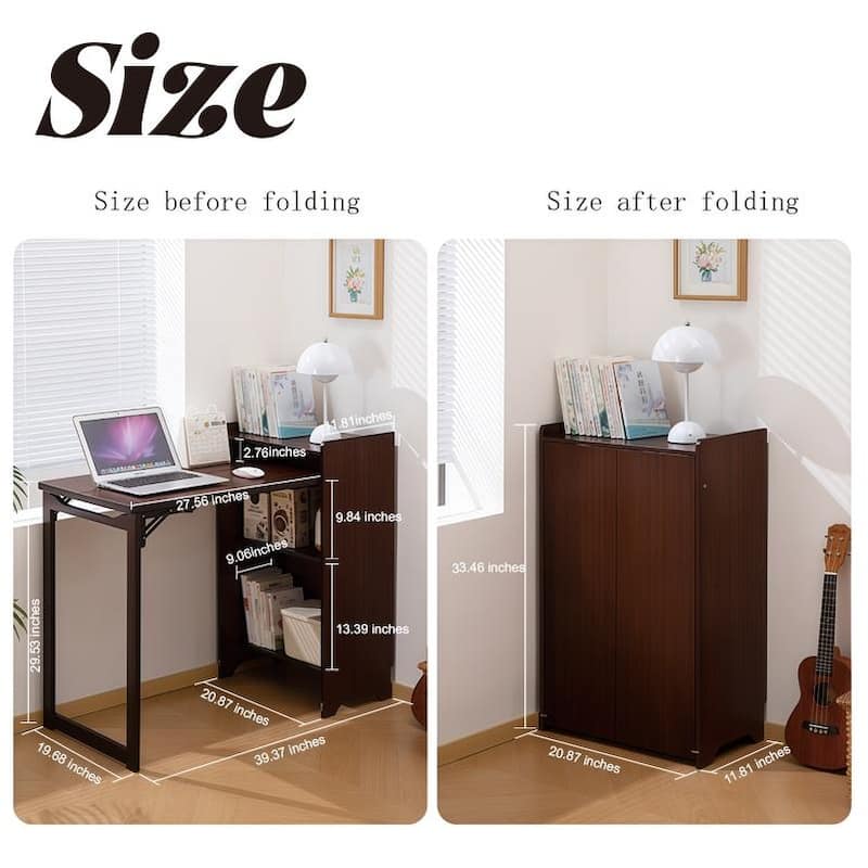 Bamboo Folding Desk with Built-in Socket & Hidden Storage, Foldable Computer Table for Small Spaces