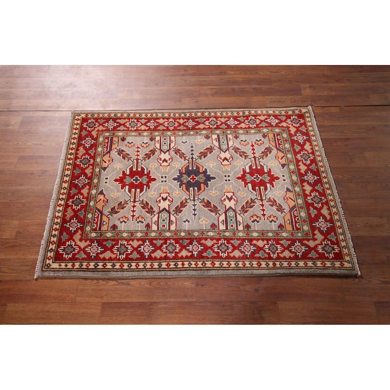 Beige Geometric Kazak Foyer Rug Handmade Wool Carpet - 2'9" x 4'2"