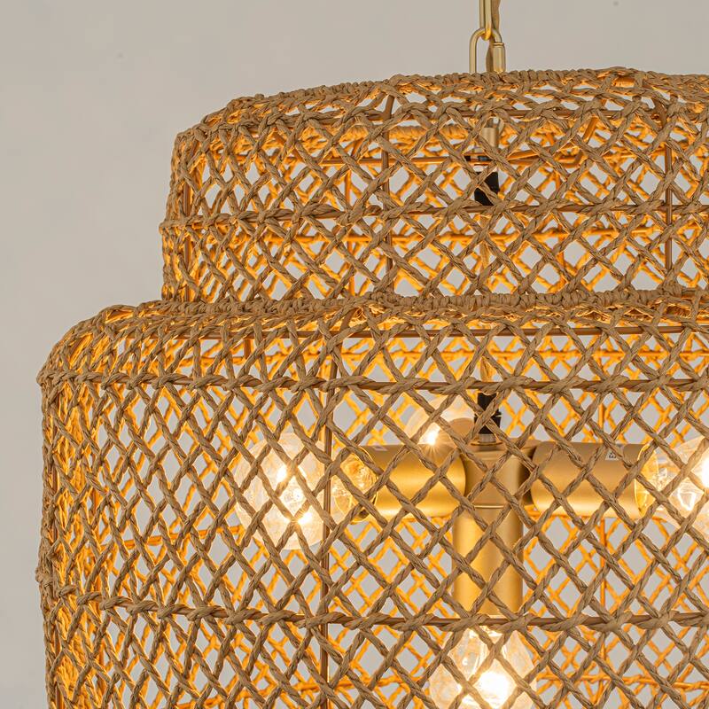 Clair 4-Light Rattan Hemp Tiered Pendant, Coastal Boho - Handwoven - 20" Wide