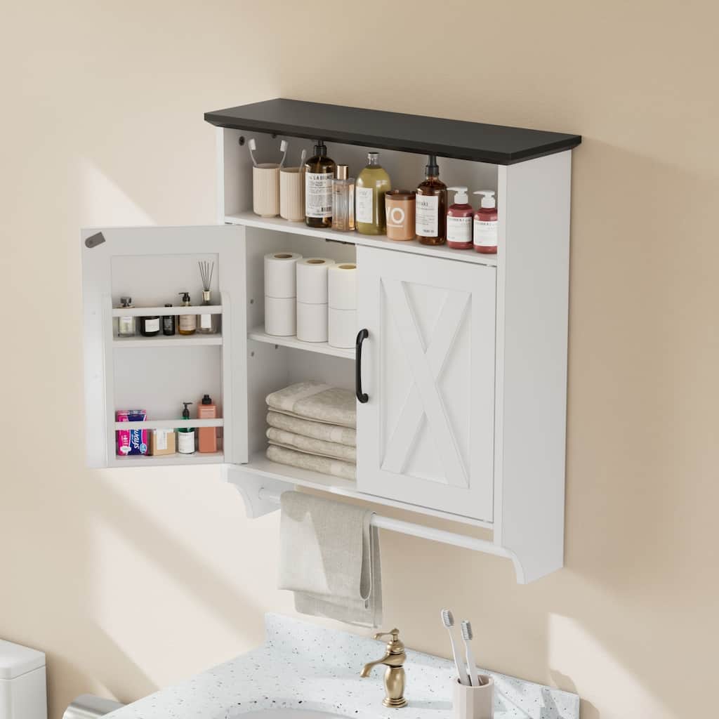 VECELO White Wall Mounted Cabinet with Adjustable LED Sensor Light Towel Bar Bathroom Kitchen Storage Organizer for Small Spaces