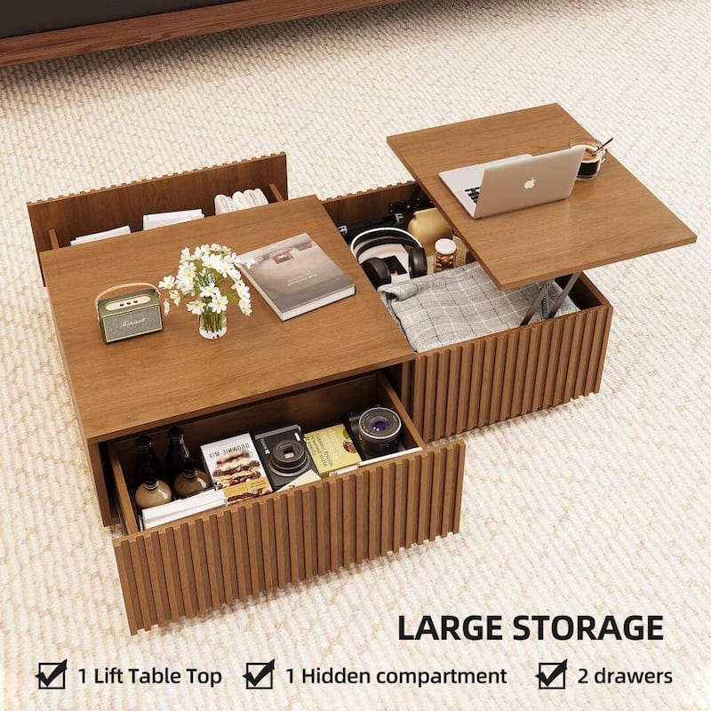 51.1'' Modern Lift-Top Coffee Table with Hidden Storage & Sliding Drawers, Satin Walnut Finish, Rectangular Center Table