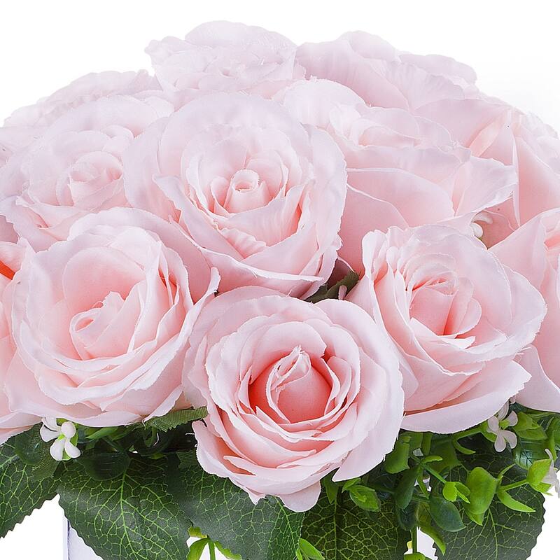 Enova Home Artificial Open Fake Silk Roses Flowers Arrangement in Clear Glass Vase with Faux Water for Home Wedding Decoration