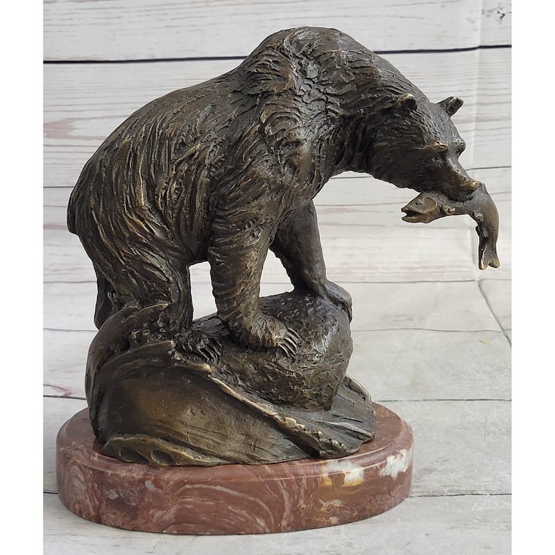 Bear With Fish In Mouth Bronze Metal Sculpture Statue Wildlife Decor Art Marble Base