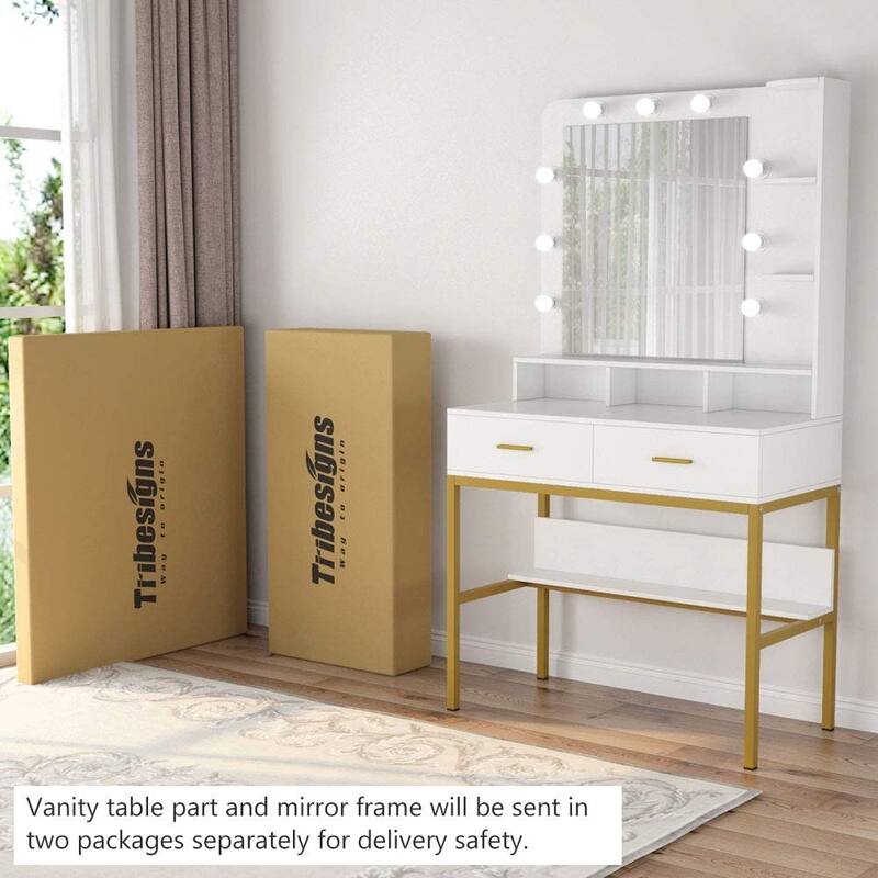 Makeup Vanity Dressing Table with 9 Lights, 2 Drawers and Storage Shelves for Bedroom