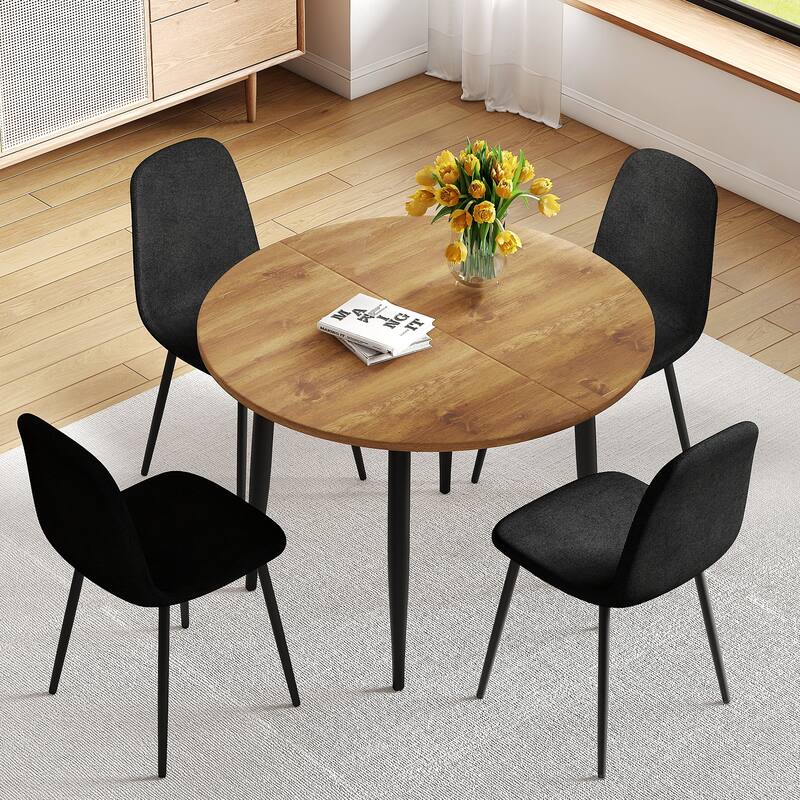 5-Piece Extendable Dining Table Set, Modern MDF Table & 4 High-Resilience Fabric Chairs, Adaptable for Gatherings - Black,Wood