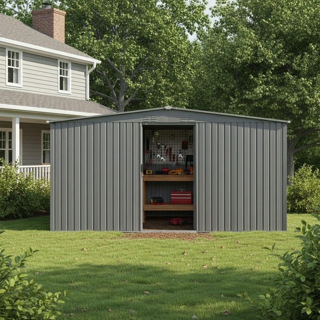 13x11 Ft New Outdoor Storage Shed with Metal Shed and Firewood Shed, More Suitable For Winter, Grey