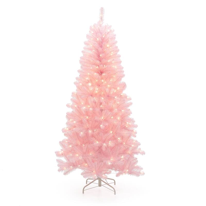 6.5Ft Pre-Lit Pink Hinged Full Artificial Christmas Tree - 78" H x 41.7" Diameter