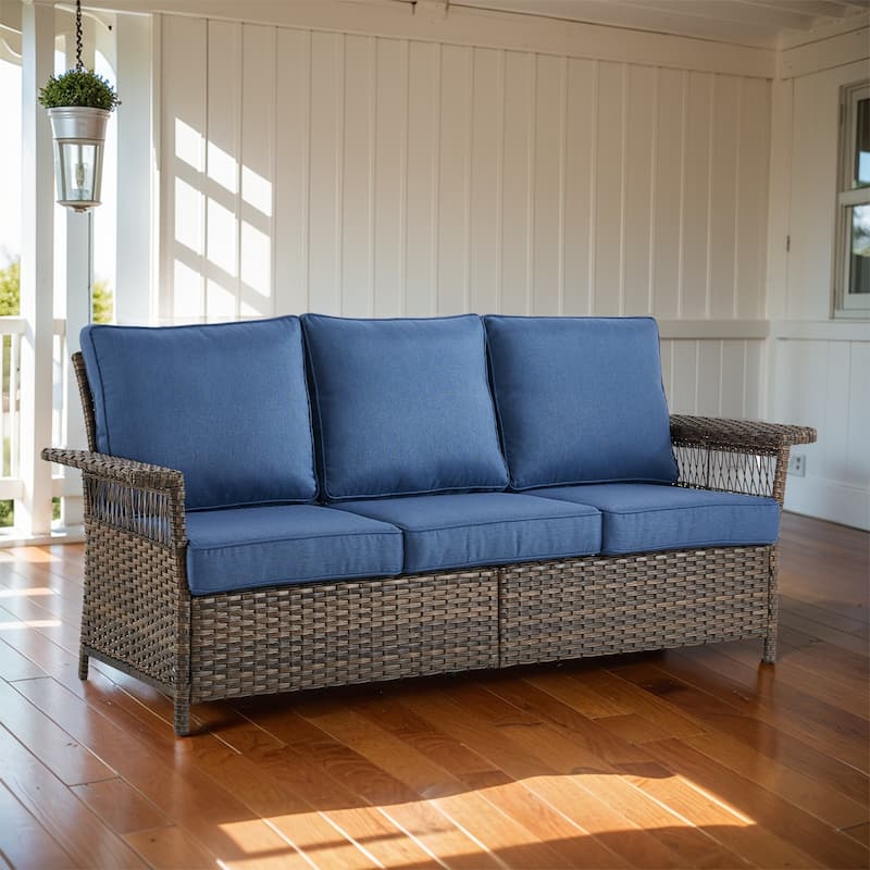 Gymojoy 3-Seat Patio Wicker Sofa Outdoor Rattan Couch - Brown - Blue