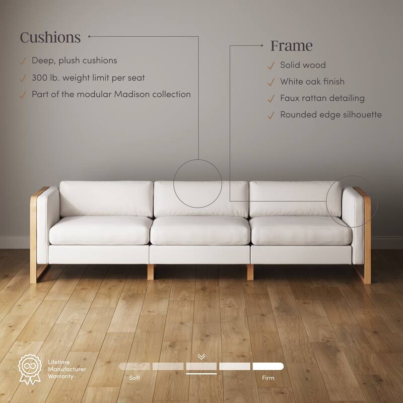 Madison Modern Upholstered Modular Sofa or Couch for Living Room with Solid Wood Legs