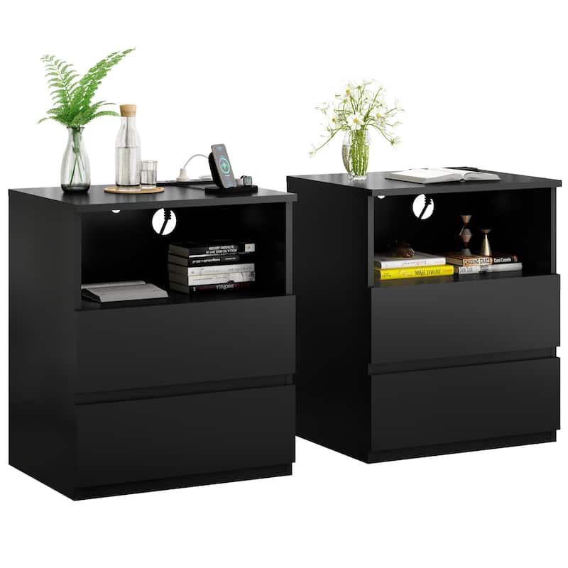 Nightstand with Charging Station, Sofa Side Table with Open Shelves & 2 Drawers, Large Capacity Wood Storage Cabinet