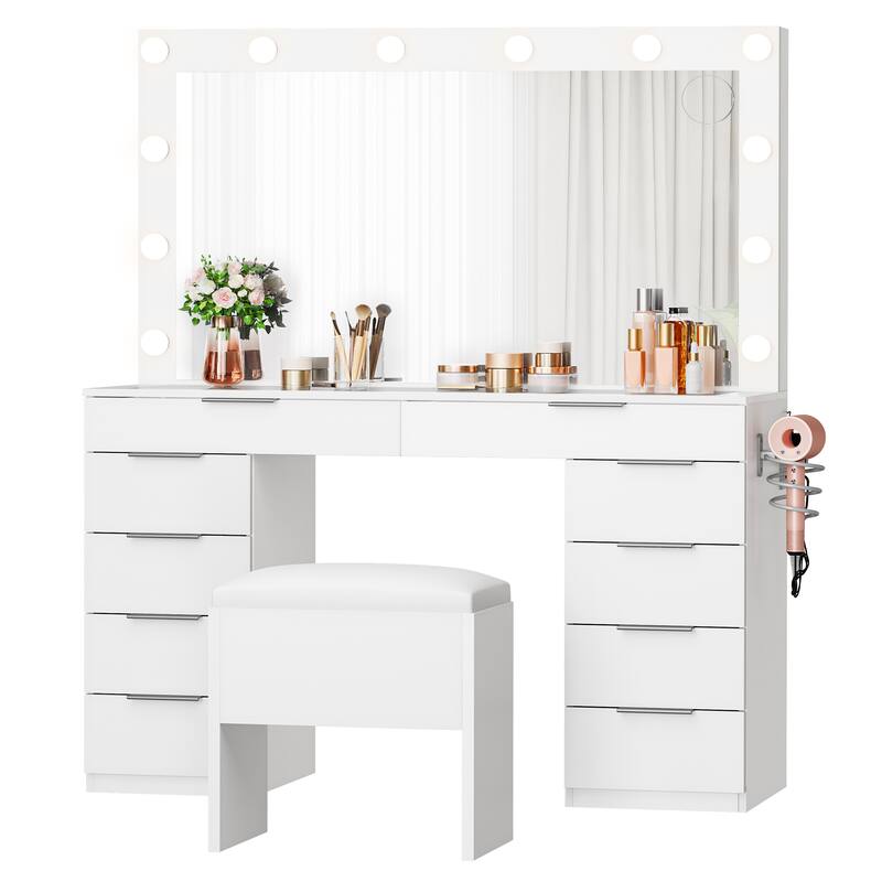 Moasis 10-Drawer Cosmetic Vanity Desk Set with Glass Tabletop Makeup Vanity with Stool