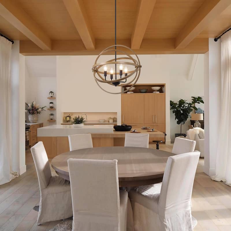 Modern Farmhouse 4-Light Globe Wood Grain Chandelier Island Lights for Dining Room